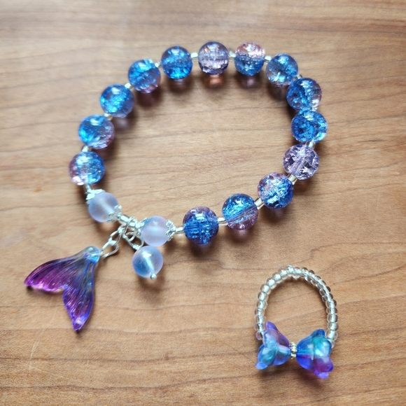 Handmade Jewelry - Beaded Mermaid Bracelet & Ring, Quartz Crystal Handmade Gift Pack - Purple/Blue